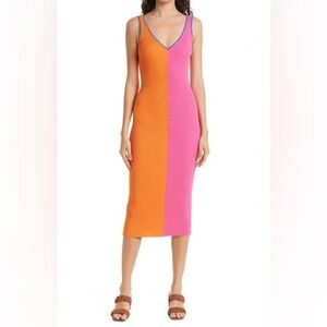 Staud Dana Colorblock Ribbed Body-Con Midi Dress Pink Orange sz Small